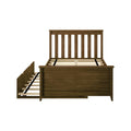 Brown wooden platform bed frame with vertical slatted headboard, sturdy slatted mattress support and pull-out trundle storage, farmhouse style