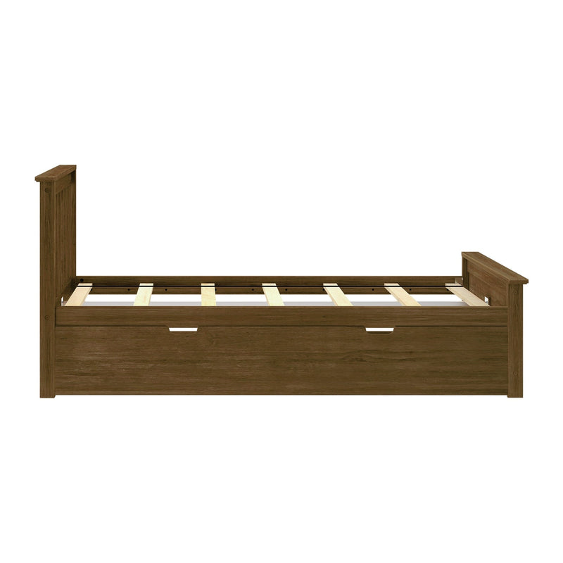 Rustic brown wooden twin platform bed frame with slatted base and built-in underbed storage drawer, space-saving bedroom furniture