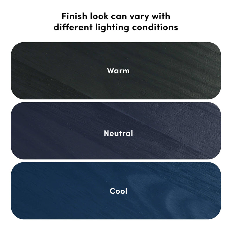 Image showing three wood finish colors under different lighting conditions: warm, neutral, and cool.