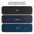Wood finish color variations: three dark stain samples labeled Warm, Neutral, Cool illustrating how lighting conditions change finish appearance
