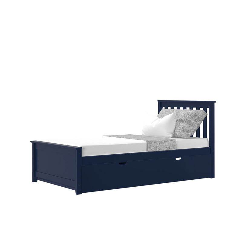 Navy blue twin bed with storage drawer, featuring a slatted headboard and white bedding.