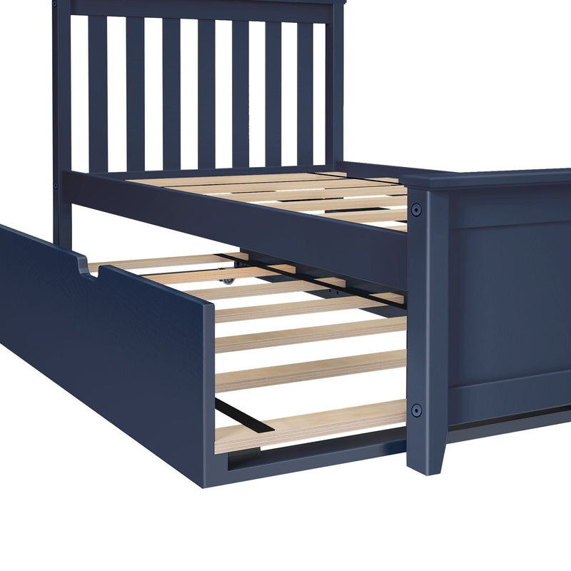 Navy blue wooden bed frame with slatted headboard and wooden slats, featuring a roll-out underbed storage trundle drawer