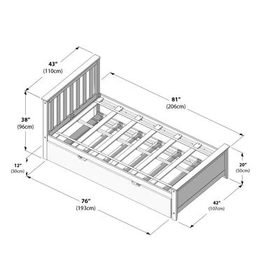 Assembly diagram of a wooden slatted platform bed frame with headboard and under-bed storage drawer, labeled dimensions in inches and centimeters