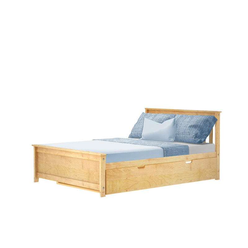Wooden bed frame with blue bedding and storage drawers.