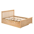 Wooden platform bed frame with slatted headboard and built-in storage drawers in light maple finish