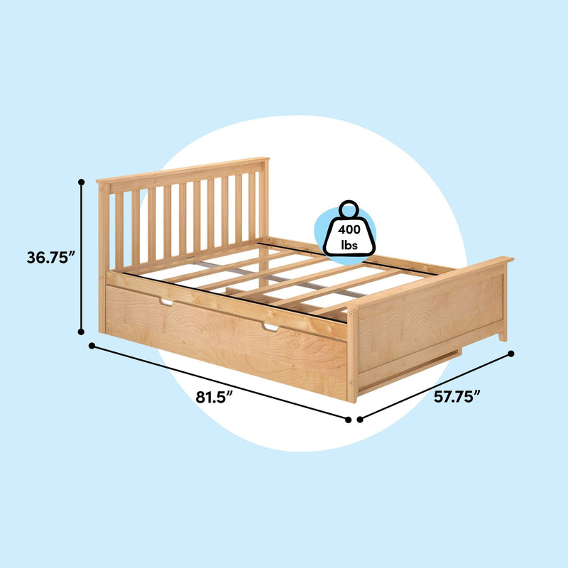 Light natural wood platform bed frame with slatted headboard and under-bed storage drawer, sturdy slat support rated 400 lbs and product dimensions 81.5″ L x 57.75″ W x 36.75″ H — ideal solid wood storage bed for bedrooms