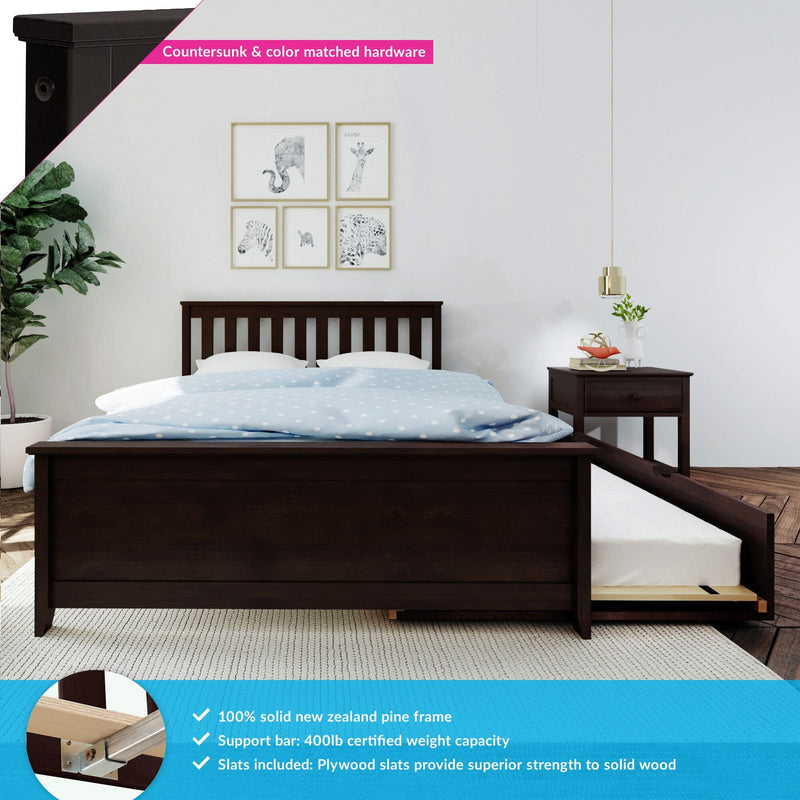 Solid wood bed with pull-out trundle, New Zealand pine frame, 400lb capacity, modern bedroom furniture.