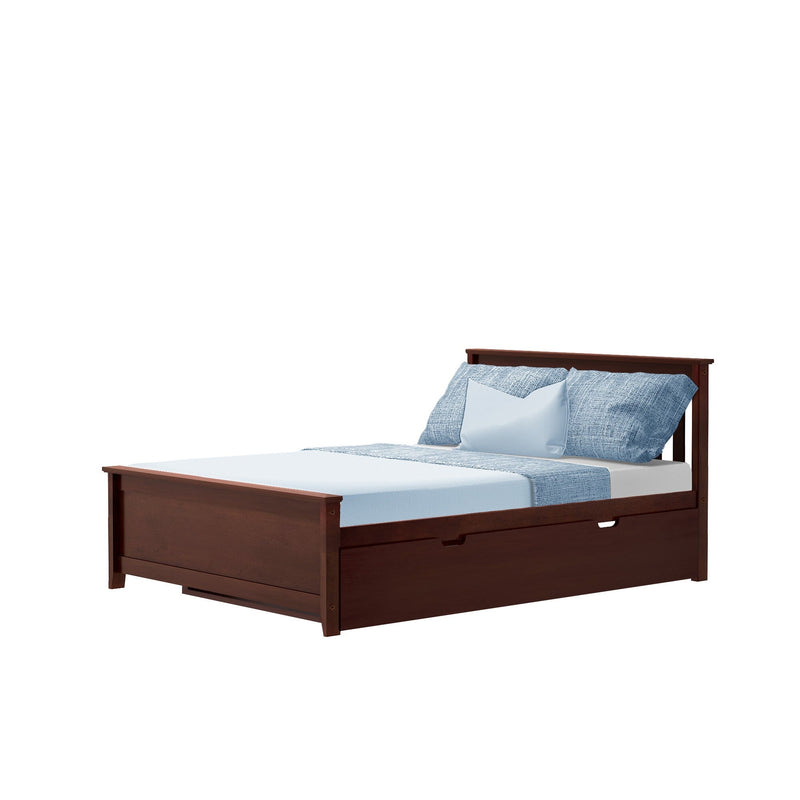 Dark wood storage bed frame with blue bedding and pillows on a white background.