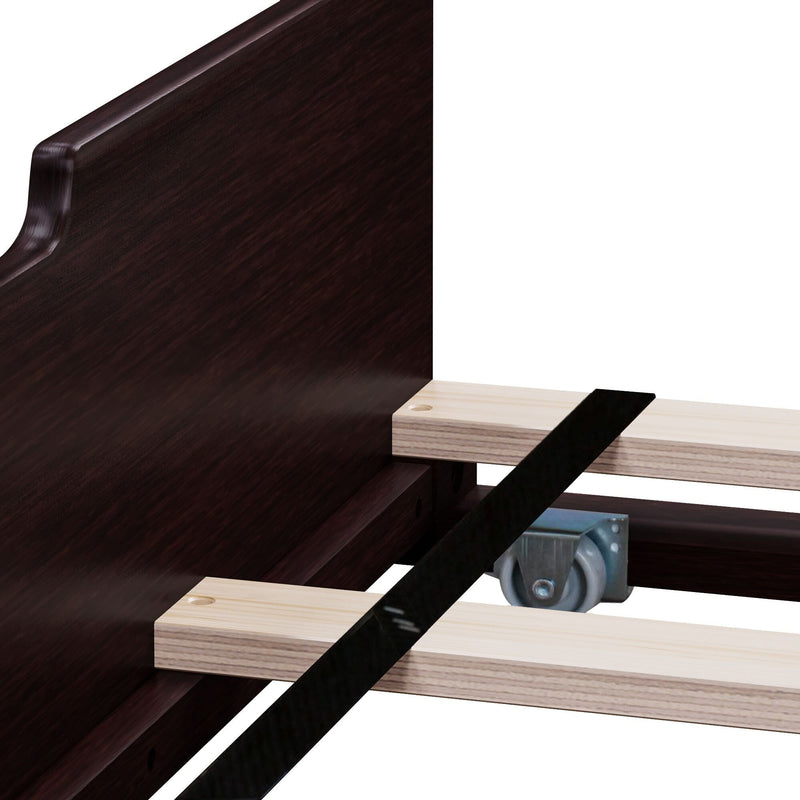 Close-up of a wooden furniture piece with a metal caster wheel, showcasing durable construction and design.
