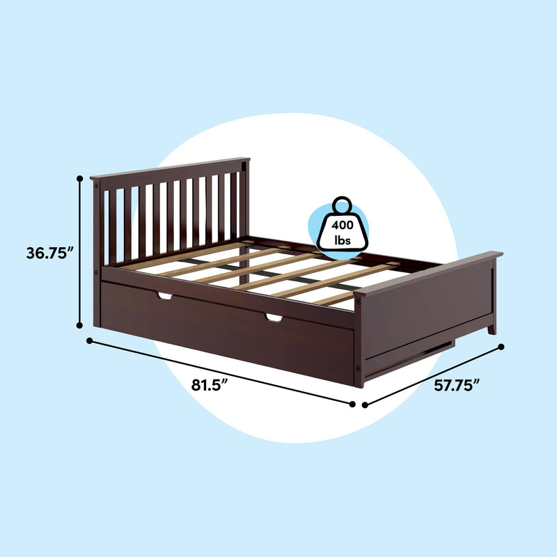 Dark espresso wooden platform bed frame with slatted headboard and under-bed storage drawer, slat support for mattress, 400 lb weight capacity, dimensions 81.5 in L × 57.75 in W × 36.75 in H, modern bedroom furniture