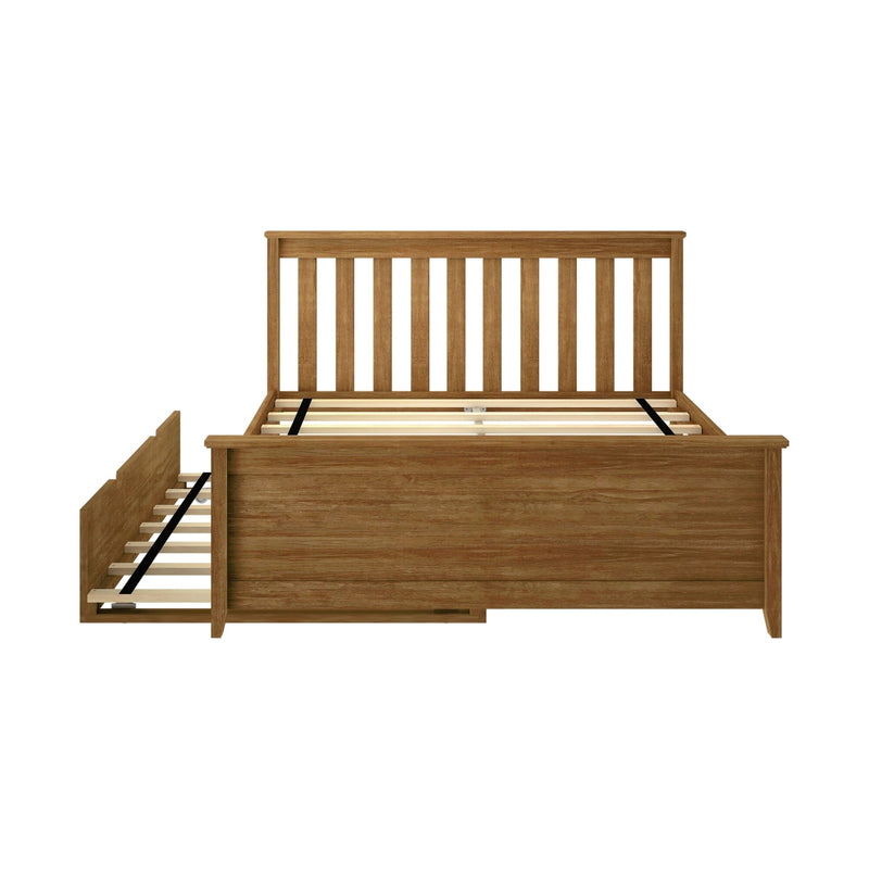 Wooden bed frame with slatted headboard and under-bed storage.