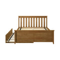 Natural oak solid wood platform bed frame with vertical slatted headboard and wooden slat mattress base