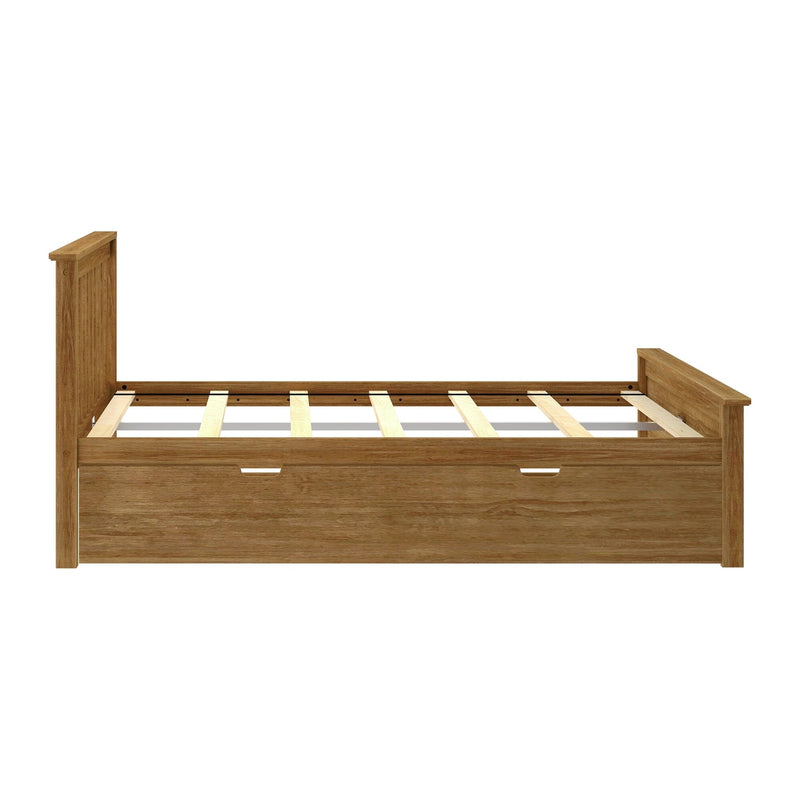 Solid wood bed frame with slatted mattress support and built-in under-bed storage drawer in natural oak finish