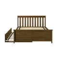 Solid wood platform bed frame with vertical slatted headboard, wooden slats and under-bed storage rails in dark walnut finish