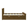 Dark brown solid wood platform bed frame with wooden slats and integrated under-bed storage drawer in farmhouse style