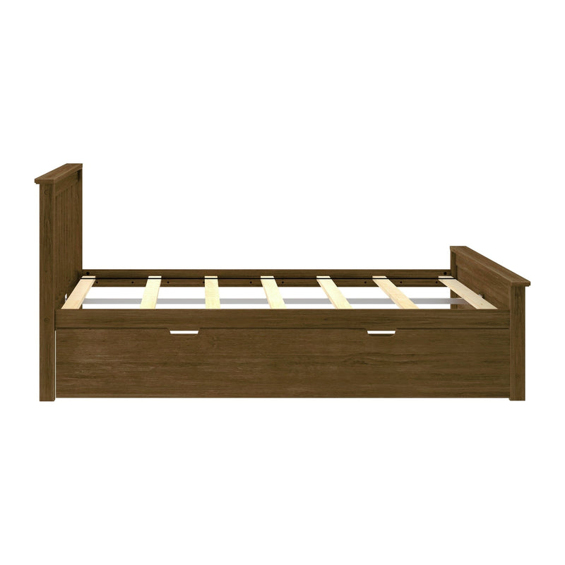 Dark brown solid wood platform bed frame with wooden slats and integrated under-bed storage drawer in farmhouse style
