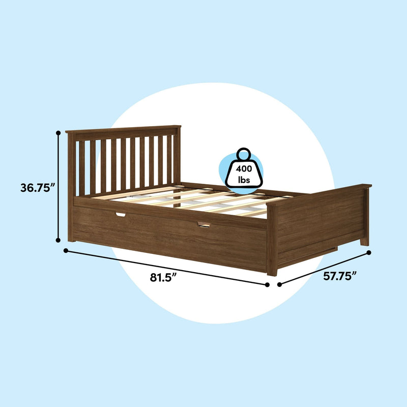 Wooden platform bed frame with slatted base and under-bed storage drawers, 81.5 x 57.75 x 36.75 in, 400 lb weight capacity
