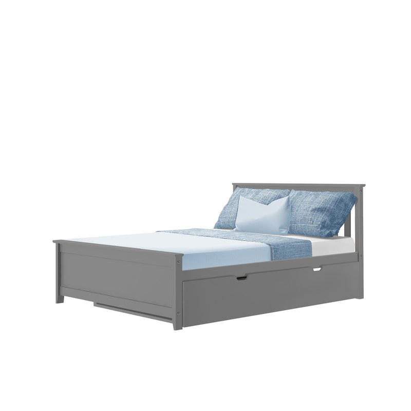 Gray wooden bed frame with blue bedding and two pillows.