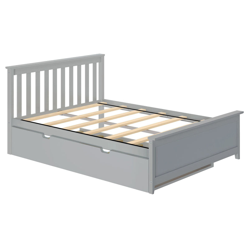 Gray wooden bed frame with storage drawers and slatted headboard.