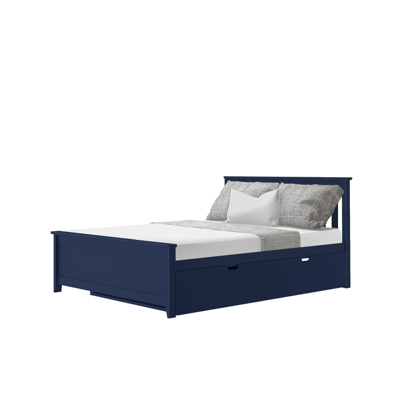 Navy blue wooden storage bed frame with built-in underbed drawers, gray textured linen bedding and white accent pillow on a platform headboard