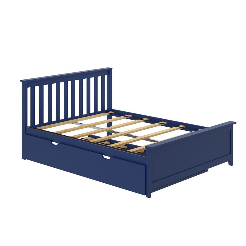 Navy blue painted wooden platform bed frame with vertical slatted headboard, exposed wood slats and built-in under-bed storage drawers, isolated on white background