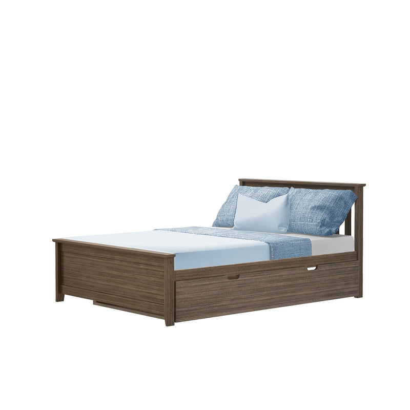 Modern wooden bed with blue bedding and storage drawers.
