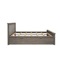 Gray weathered wood platform bed frame with vertical slatted headboard, wooden slats and built-in under-bed storage drawers