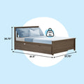 Wood platform bed frame with under-bed storage drawers and blue bedding, shown with dimensions 81.5" L × 57.75" W × 36.75" H and 400 lbs weight capacity
