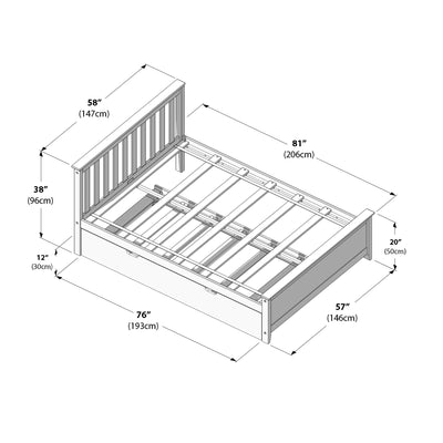 Isometric bed frame dimensions diagram showing a wooden slatted bed frame with paneled headboard, under-bed storage drawer and annotated measurements in inches and centimeters for assembly and sizing
