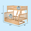 Natural wood twin-over-full loft bunk bed with ladder and pull-out trundle, 81.5" L × 59" W × 65" H, 400 lb weight capacity per bunk