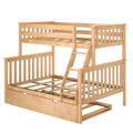 Twin-over-full solid wood bunk bed in natural maple finish with slatted guard rails, angled ladder and under-bed trundle storage drawer — space-saving children's bedroom furniture