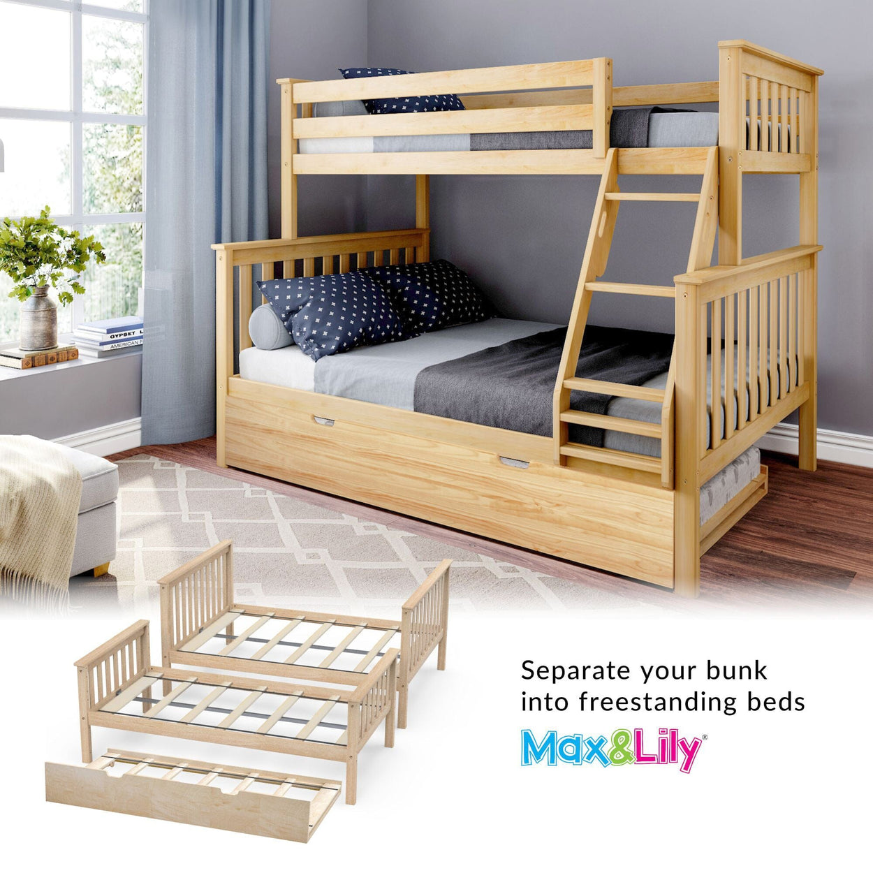 186231-001 : Bunk Beds Classic Twin over Full Bunk Bed with Trundle, Natural
