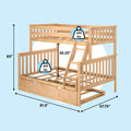 Solid natural wood twin-over-full bunk bed with ladder, safety guardrails and pull-out trundle storage, 400 lb capacity per bed, dimensions 81.5 in L × 57.75 in W × 65 in H, 36.25 in lower clearance
