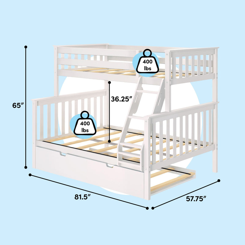 White wooden twin-over-full bunk bed with ladder and pull-out trundle storage, 65 inches H × 81.5 inches L × 57.75 inches W, 36.25-inch clearance and 400 lb weight capacity per bed