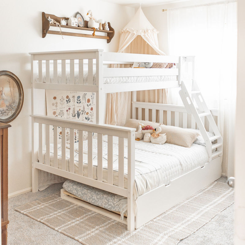White wooden bunk bed in a cozy children's bedroom with soft toys and decorative shelf.