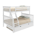 White wooden bunk bed with ladder and pull-out trundle drawer, beige textured bedding and green check pillows, modern kids' bedroom furniture on white background