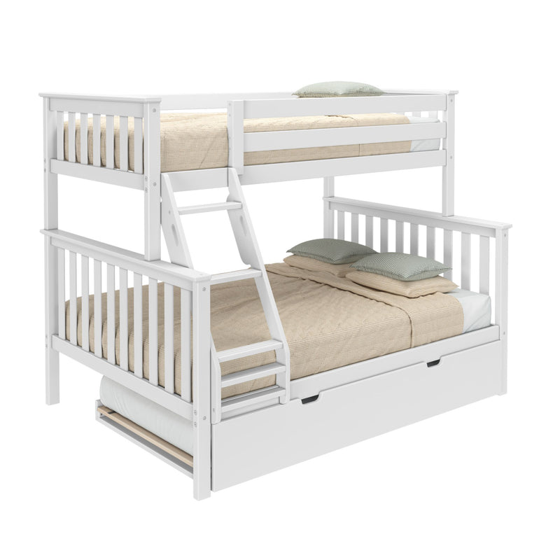 White wooden bunk bed with ladder and pull-out trundle drawer, beige textured bedding and green check pillows, modern kids' bedroom furniture on white background