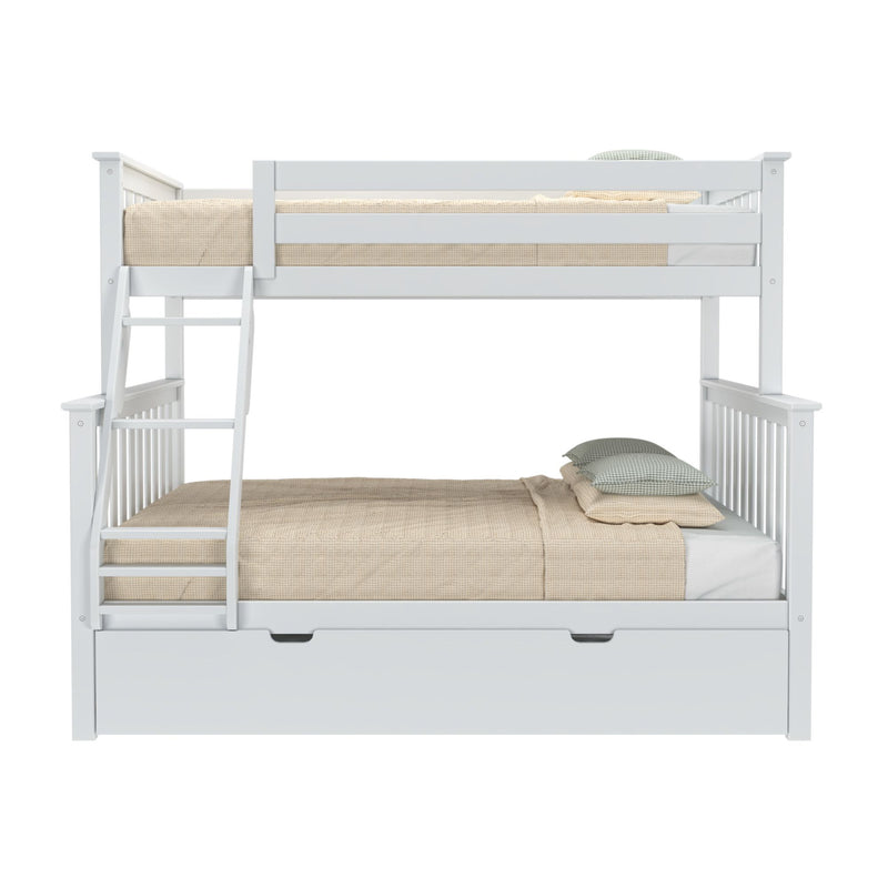 White wooden bunk bed with beige bedding and ladder, featuring under-bed storage drawer.