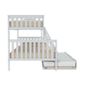 White wooden twin-over-twin bunk bed with beige textured bedding, pull-out trundle and side ladder — space-saving kids' bedroom furniture