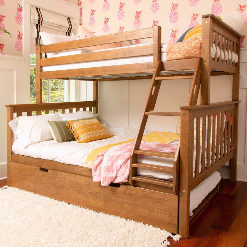 Wooden bunk bed with colorful bedding in a children's room with pineapple-themed wallpaper.