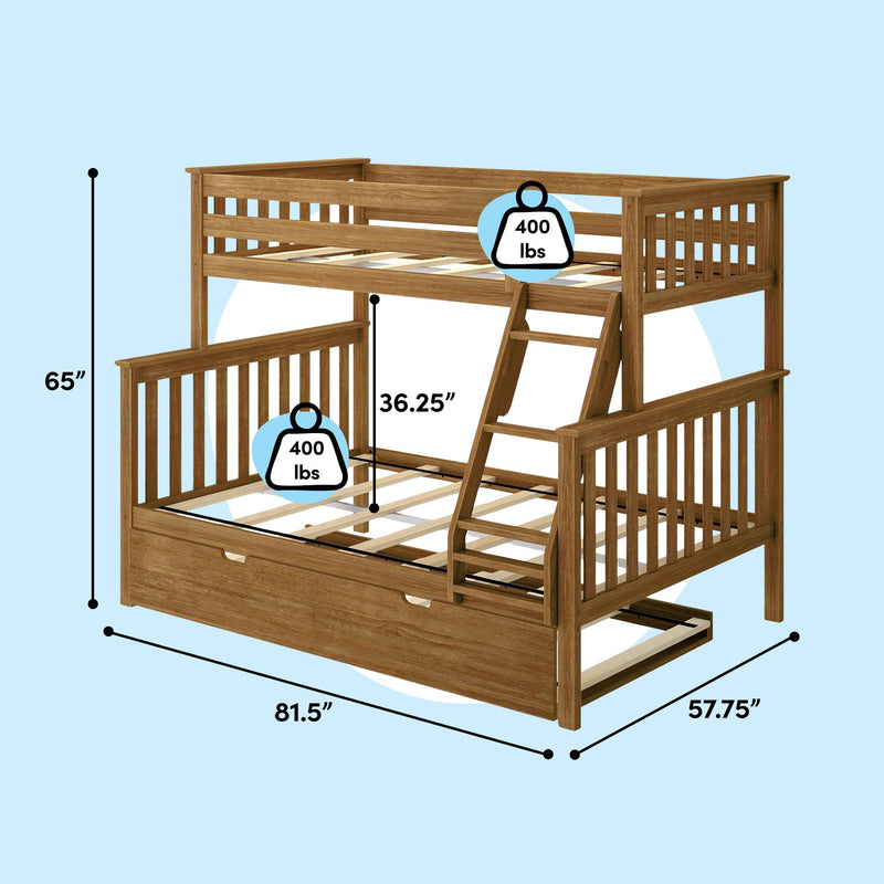 Twin-over-full solid wood bunk bed with pull-out trundle and angled ladder, natural oak finish, 400 lb weight capacity per bed, 81.5″ L x 57.75″ W x 65″ H, 36.25″ clearance