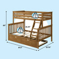 Twin-over-full wooden bunk bed with trundle and storage drawer, natural oak finish, ladder and guardrails, 81.5" L x 57.75" W x 65" H overall, 36.25" top clearance, 400 lb weight limit per bed