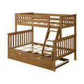 Natural oak finish wooden twin-over-full bunk bed with slatted rails, angled ladder and pull-out trundle drawer for space-saving bedroom