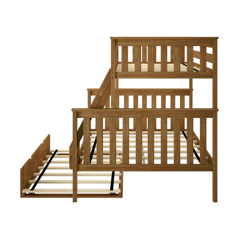 Wooden bunk bed with trundle and guard rails in natural finish.