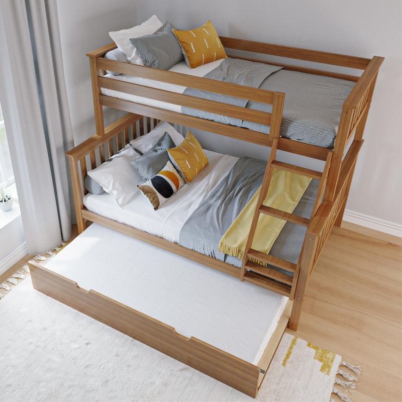 Wooden bunk bed with pull-out trundle, featuring gray and yellow bedding, located in a bright bedroom setting.