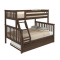 Dark brown wooden twin-over-full bunk bed with angled ladder, slatted rails and pull-out trundle storage drawer