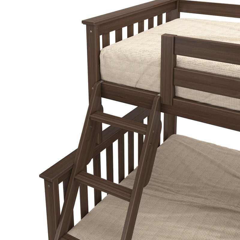 Dark walnut wooden twin-over-full bunk bed ladder with slatted guardrails and beige mattresses
