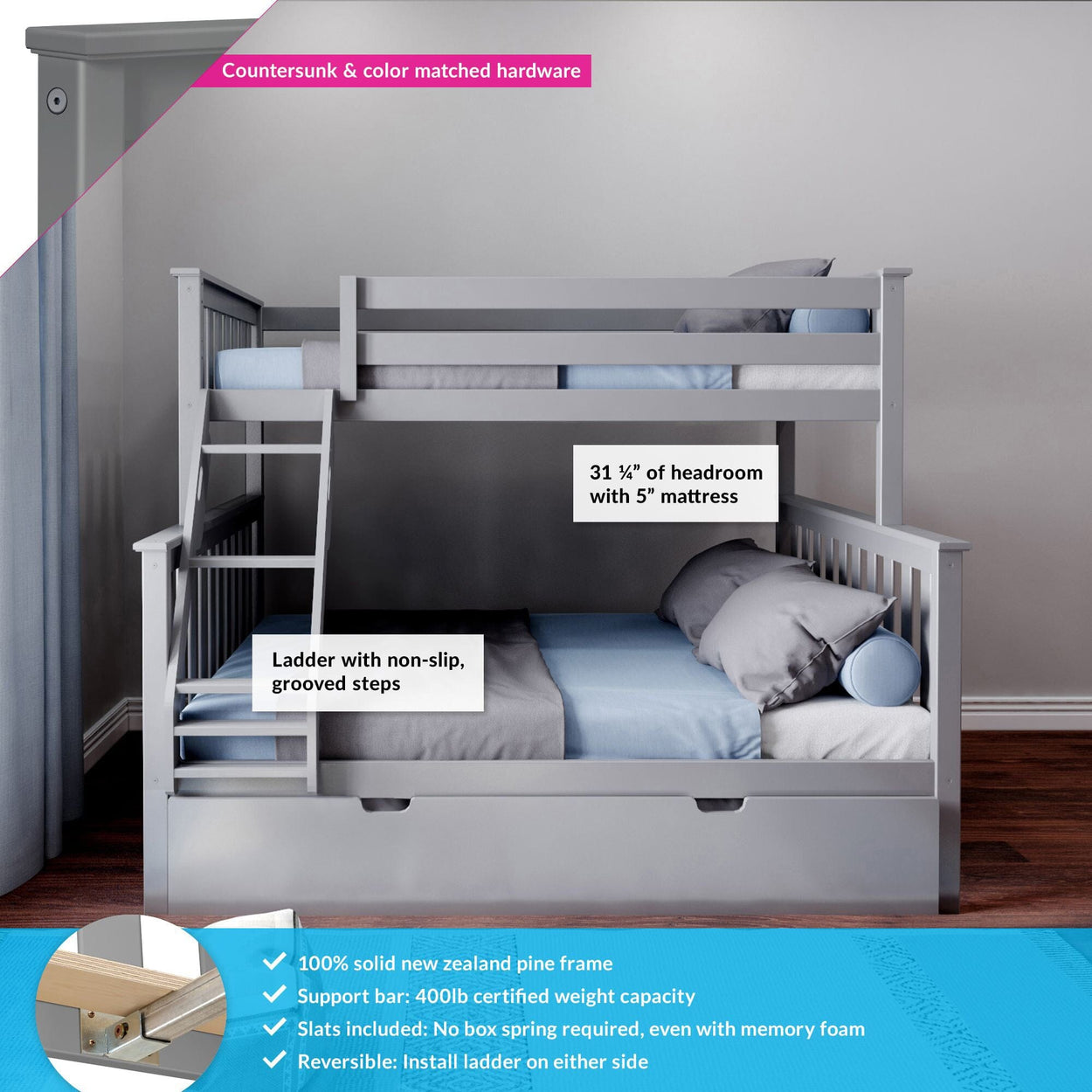 Kids Solid Wood Twin-Over-Full Bunk Bed + Trundle Bed – Max And Lily