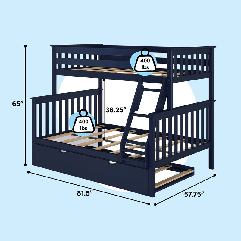 Navy blue wooden twin-over-full bunk bed with pull-out trundle and angled ladder, slatted guardrails, labeled dimensions 65" H × 81.5" L × 57.75" W and 36.25" lower clearance, 400 lb weight capacity per bed, ideal for kids' bedrooms