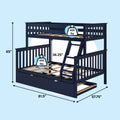 Navy blue twin-over-full wooden bunk bed with ladder, safety guardrails, slatted mattress supports and under-bed trundle drawer, solid wood frame, dimensions 81.5 x 57.75 x 65 in and 400 lb weight capacity